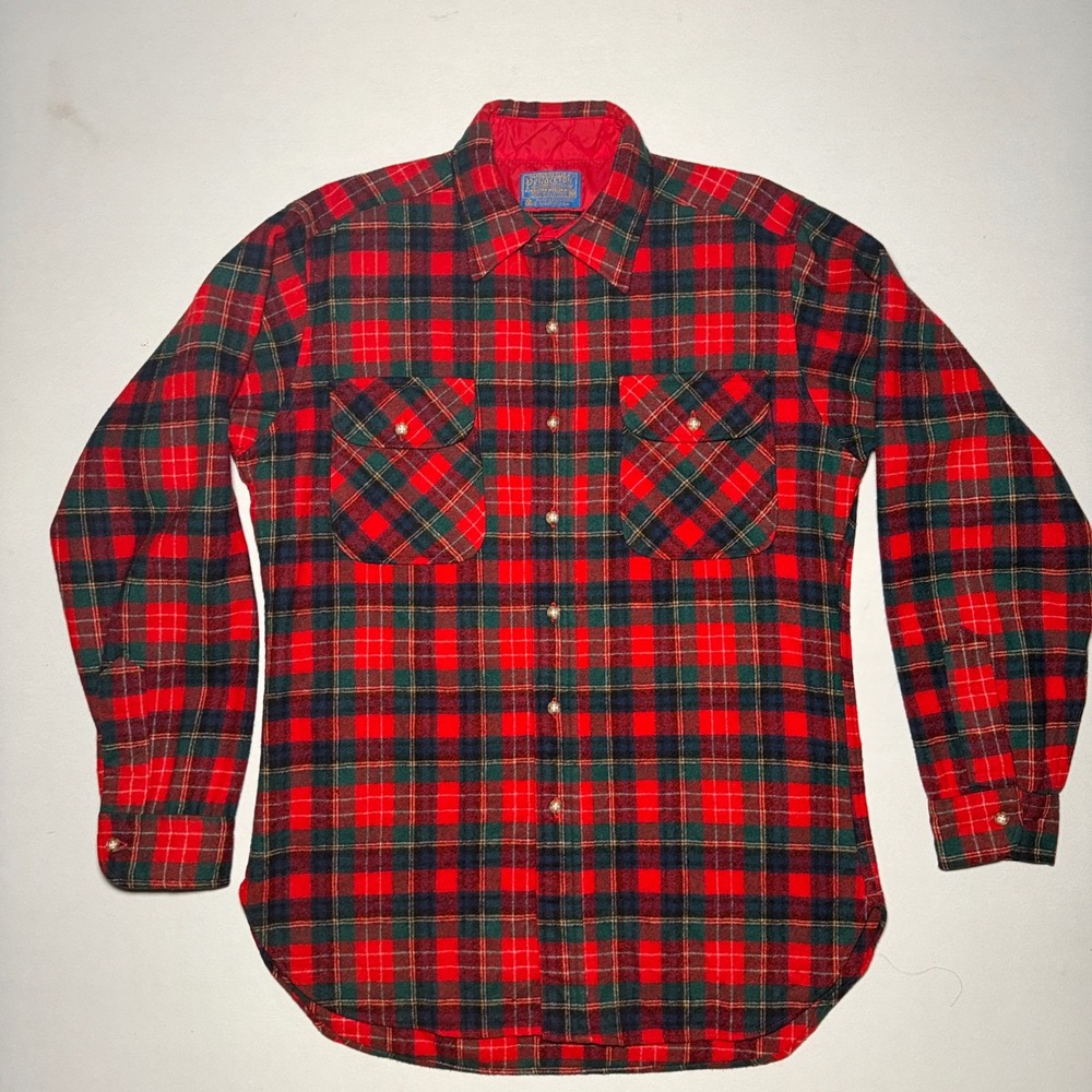 70s Pendleton Wool Shirt Jacket Mens M Red Tartan Plaid Virgin Wool Quilted Line